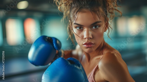 Beautiful young woman competes in boxing in the gym