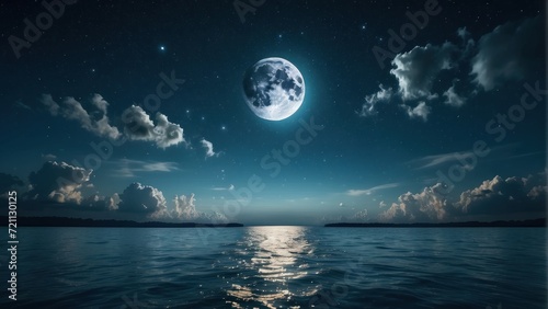 Romantic Moon With Clouds And Starry Sky Over Sparkling Blue Water.  Generative  AI.