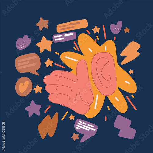Cartoon vector illustration of woman's ear and hand through.The concept of eavesdropping, espionage, gossip and tabloids.