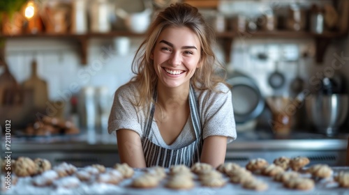 American woman baking cookies in the kitchen of a classic American home
