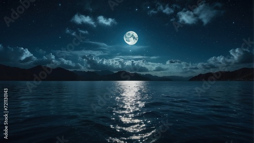 Romantic Moon With Clouds And Starry Sky Over Sparkling Blue Water. Generative, AI.