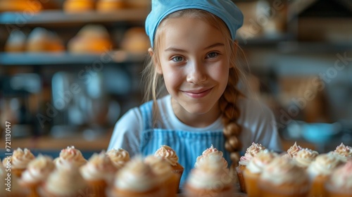 Beautiful girl 12 years old bakes holiday cupcakes in the kitchen