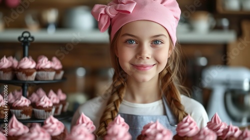 Beautiful girl 12 years old bakes holiday cupcakes in the kitchen