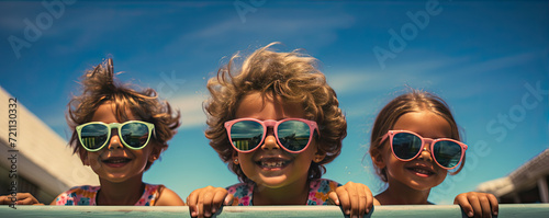 Three funny kids in sunglasses on the edge of swimming pool. Summer holiday children photo.