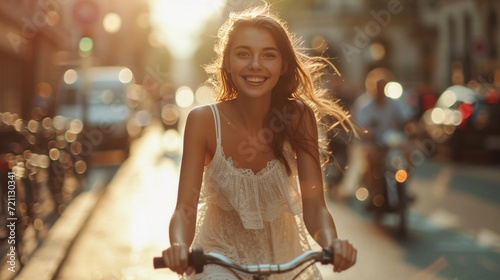 A young beautiful girl rides a bright bicycle in a white summer sundress alon...