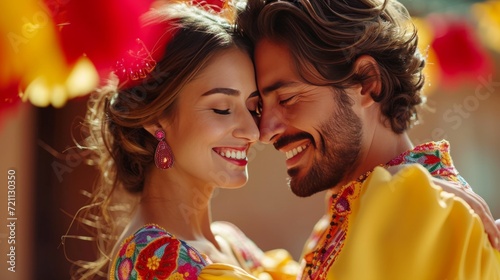 Beautiful Spanish young couple dancing in national costumes Latin dance