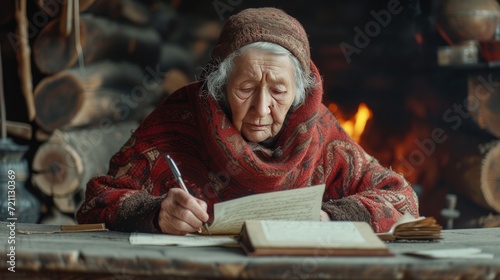 An old woman writes a letter sitting at an old oak table against the backgrou...