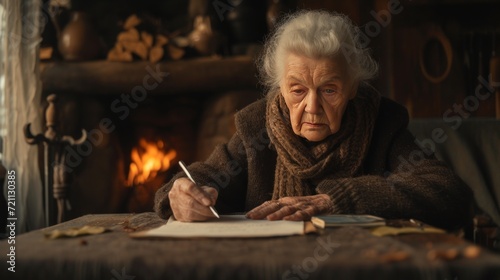 An old woman writes a letter sitting at an old oak table against the backgrou...