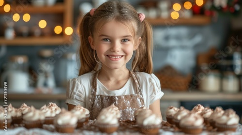 Beautiful girl 12 years old bakes holiday cupcakes in the kitchen