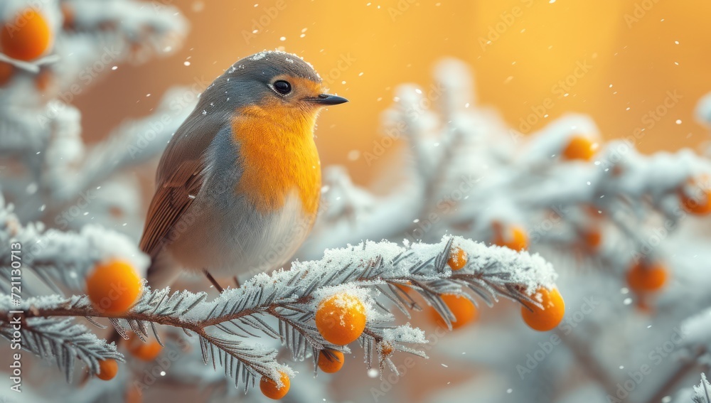 bird is sitting on a branch in the snow, in the style of orange and blue bird is sitting on a branch in the snow, in the style of orange and blue