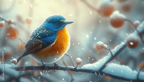 bird is sitting on a branch in the snow, in the style of orange and blue © STOCKYE STUDIO