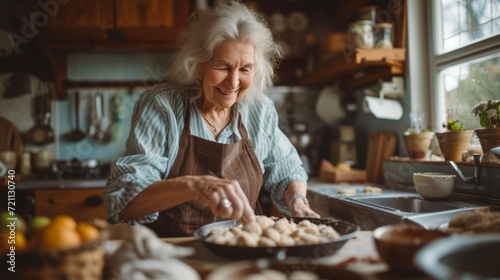 American woman baking cookies in the kitchen of a classic American home