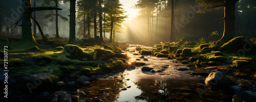 Panoramic View of the Forest with a Small Stream and Sunlight Entering