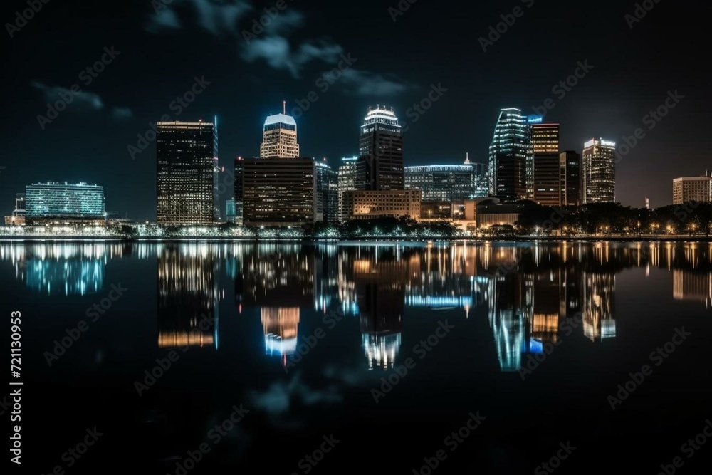 Night cityscape with illuminated buildings casting reflections on water. Generative AI