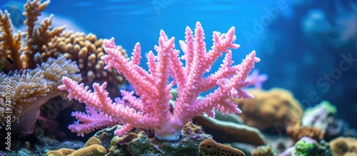 Pink stony coral, Acropora Nasuta, found on a tropical seabed, retreats underwater.