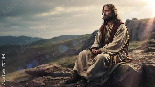 Jesus was sitting on a rocky hill photo