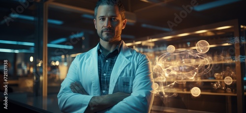 doctor is holding a button that shows digital information, in the style of double exposure, dynamic movement