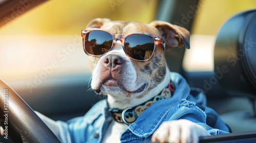 Cool Dog Cruising: A Chic Dog Drives a Car on a Sunny Day and Wears Sunglasses