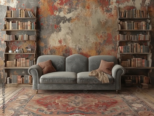 gray sofa with book shelves in the corner of a room, decorative backgrounds, concrete, rustic realism