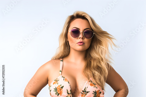 chubby asian girl in two beachwear wearing sunglasses