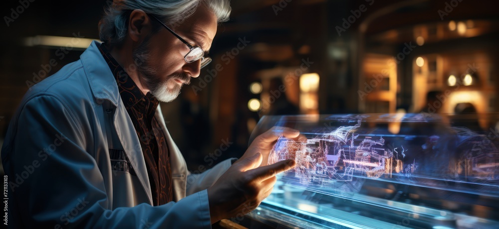 a medical doctor holds up a touchscreen, futurist elements, strong graphic elements, light azure and gray a medical doctor holds up a touchscreen, futurist elements, strong graphic elements, light azure and gray