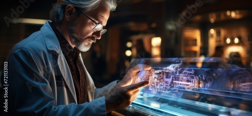 a medical doctor holds up a touchscreen, futurist elements, strong graphic elements, light azure and gray