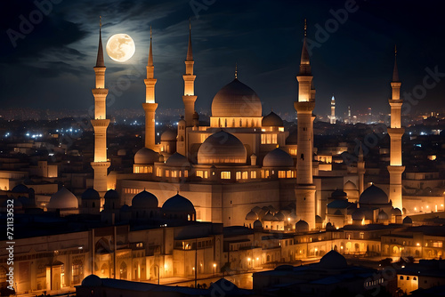 Holy Ramadan night sky with Islamic Mosque and full moon background tranquil city wallpaper