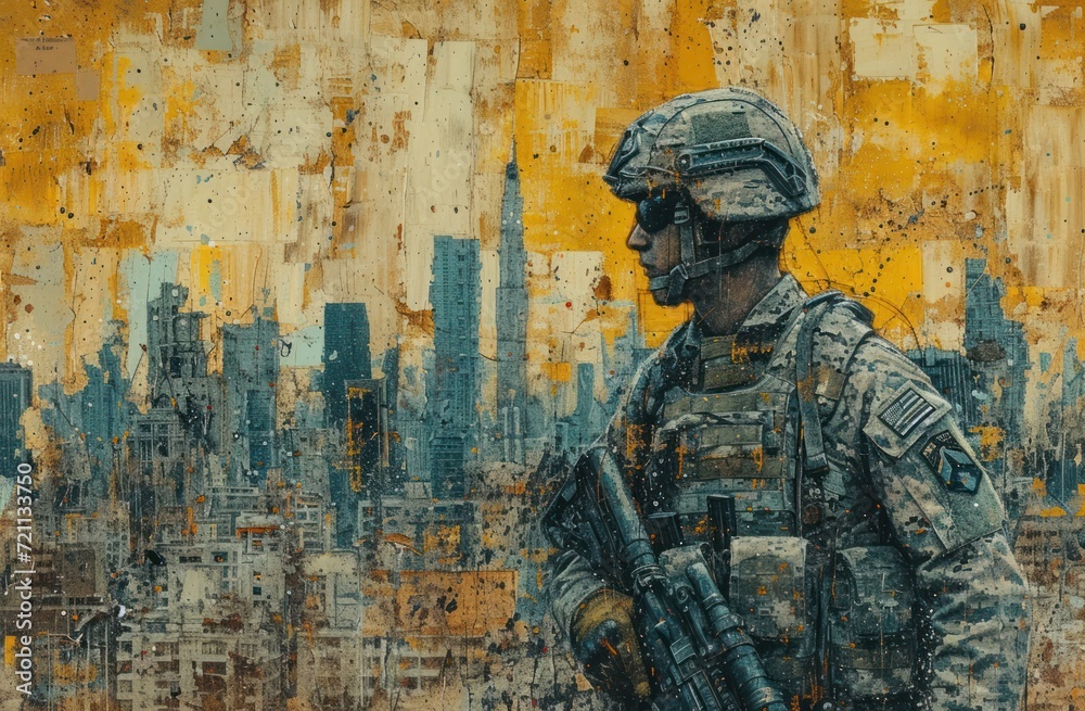 soldier in camouflage is standing in front of a city wall, in the style of surreal collage landscapes, dark cyan and yellow