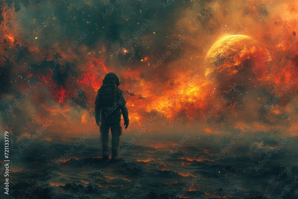 space man walking along the horizon on an earthless planet, in the style of dreamy symbolism
