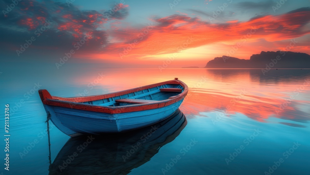 a boat sunset reflects on the water, in the style of light sky-blue and dark pink