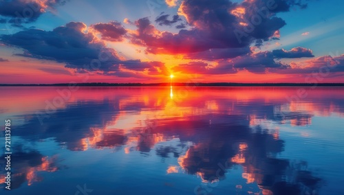  sunset reflects on the water  in the style of light sky-blue and dark pink