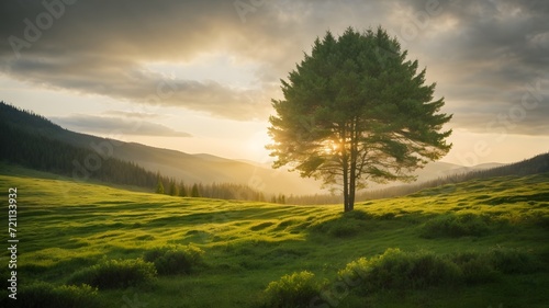 Natural scenery featuring trees, meadows, and sunsets.