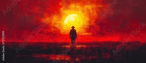 cowboy watercolor illustration with watercolor cactus and sunset