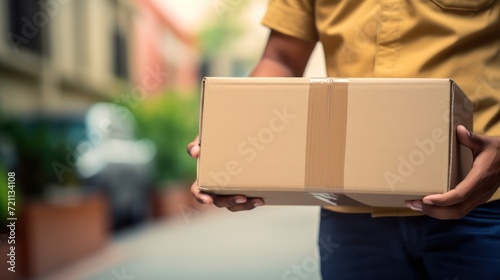 The hands of the delivery man carry the package to deliver. Delivery man's hand holding brown box, transport truck background Detail of a delivery man holding a labeled cardboard package. © Phoophinyo