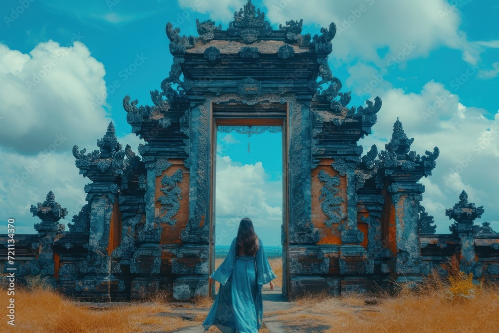 woman walking toward the gate of an ancient gate, in the style of multicolored landscapes, light indigo and bronze