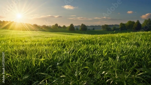 Green grass and sunlight banner background. Generative, AI.
