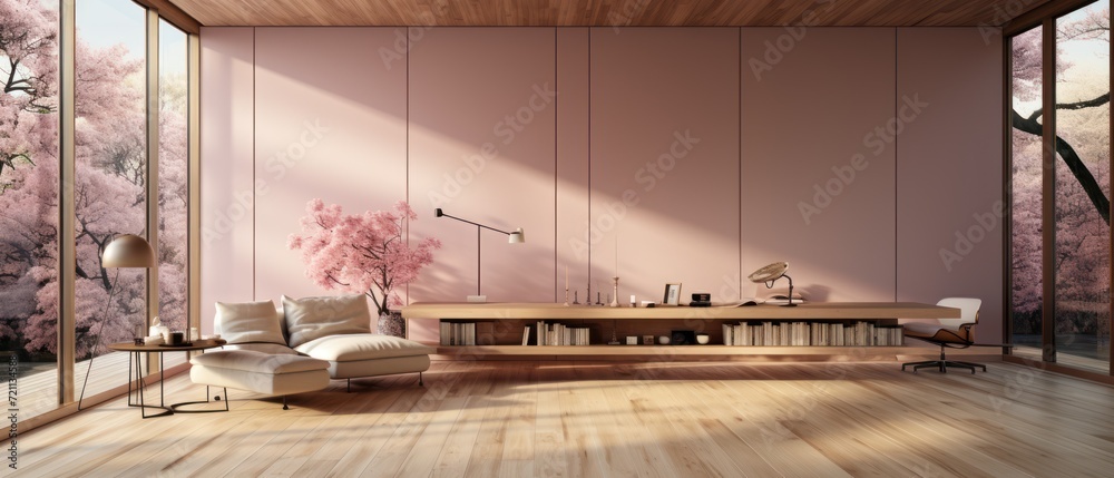 wooden wall and floor with large windows are in the foyer, in the style of minimalist nature studies, architectural illustrator,