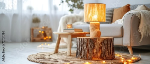 wooden lamp is placed on top of a wooden stool in a living room