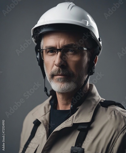 portrait of Middle age architect man with helmet isolated on grey background  © abu