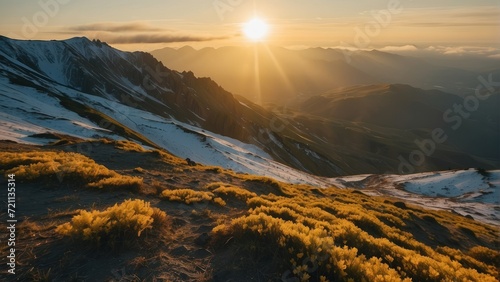Golden sun light in highland sulfur mountains. Scenery nature view. Generative, AI.