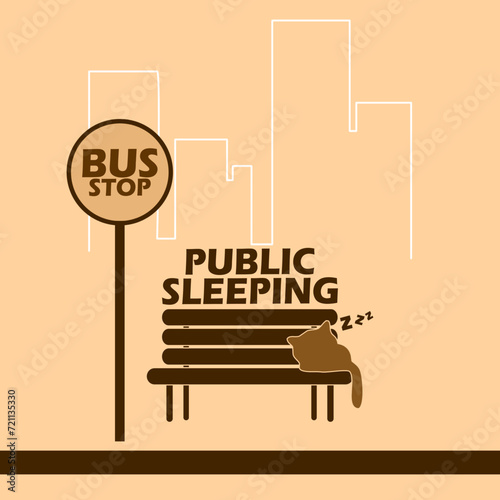 National Public Sleeping Day event banner. A chair with a sleeping cat against a bus stop pole in a public area, with bold text on light brown background to celebrate on February 28