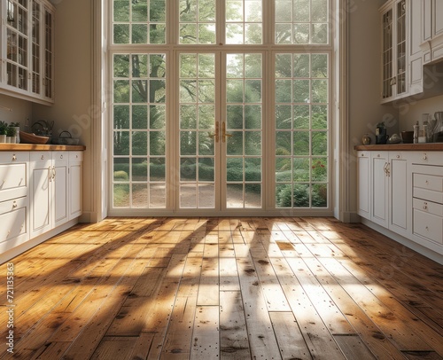 wooden wall and floor with large windows  minimalist nature studies  architectural illustrator