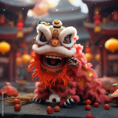 Chinese lion dance Community performance in China Lunar New Year celebration Chinese New Year, clear lion dance details, bokeh blur background