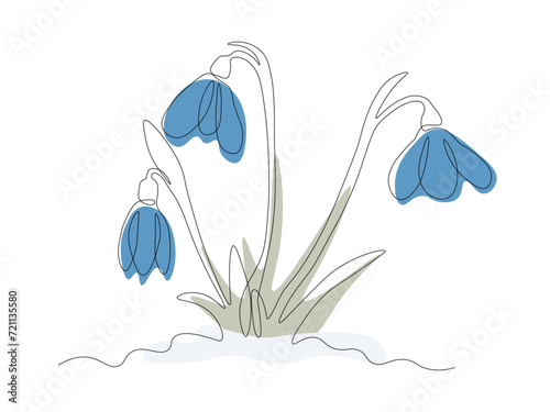 Abstract spring snowdrops on snow ,continuous one line art hand drawing sketch