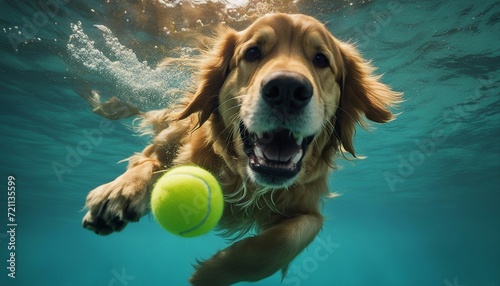 Spectacular portrait of a golden retriever chasing a tennis ball underwater  © abu