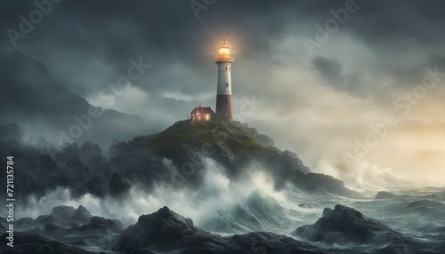 a lighthouse on a rocky ground that shines in rainy, lightning and foggy weather amidst huge huge waves
 photo