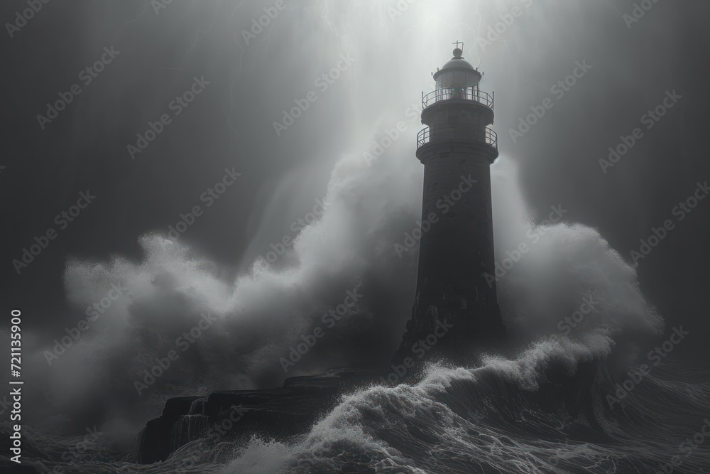 old lighthouse sitting on a raging wave