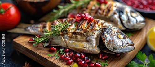 Close-up photo of grilled dorado fish on a wooden board, with spices, herbs, and pomegranate sauce, without people.