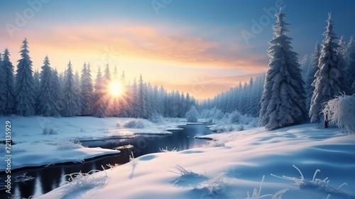 Snowy forest landscape at sunset © best stock
