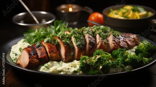 serving Potato Puree with sliced Grilled Pork Tenderloin with sauce